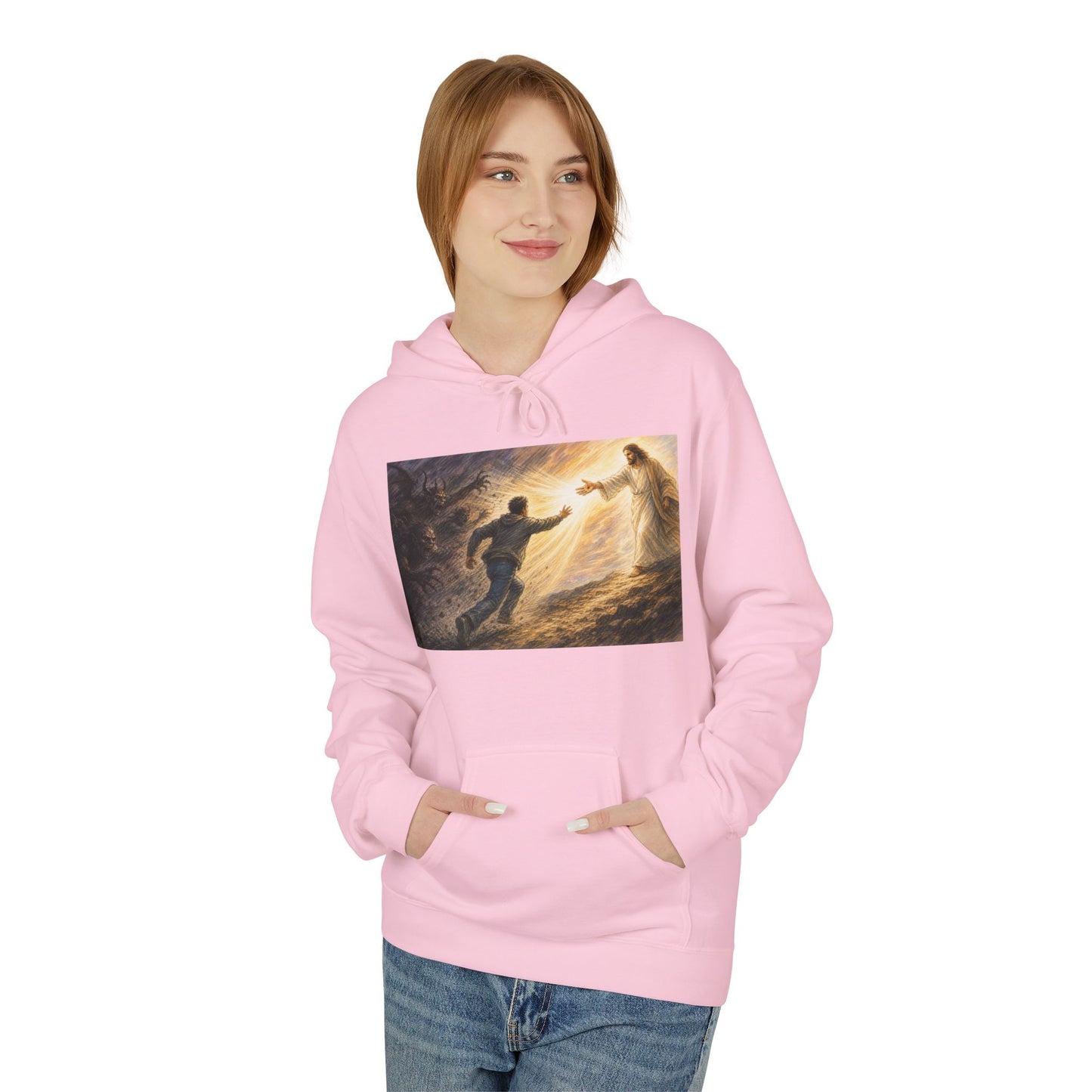 Christian Hoodie — Jesus Reaching Out Design with John 8:12 Verse