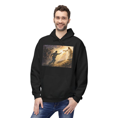 Christian Hoodie — Jesus Reaching Out Design with John 8:12 Verse