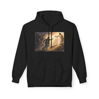 Christian Hoodie — Jesus Reaching Out Design with John 8:12 Verse