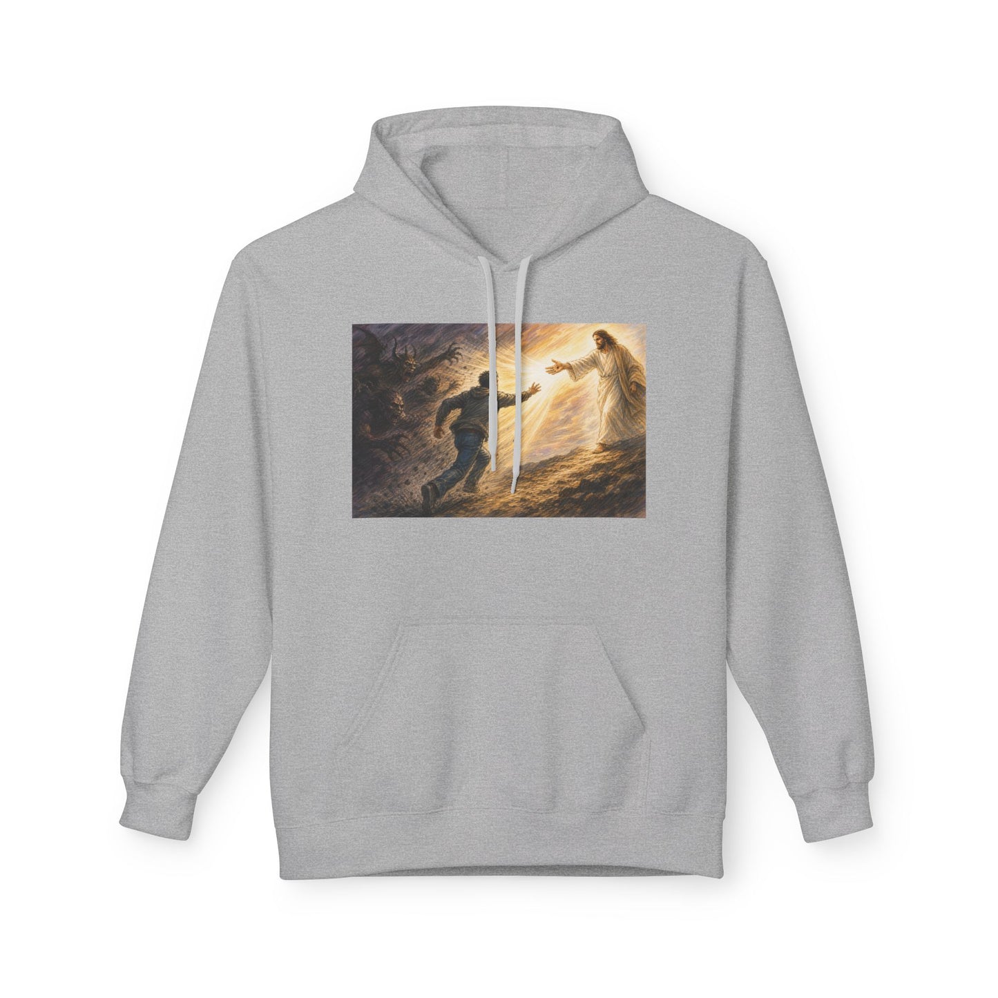 Christian Hoodie — Jesus Reaching Out Design with John 8:12 Verse