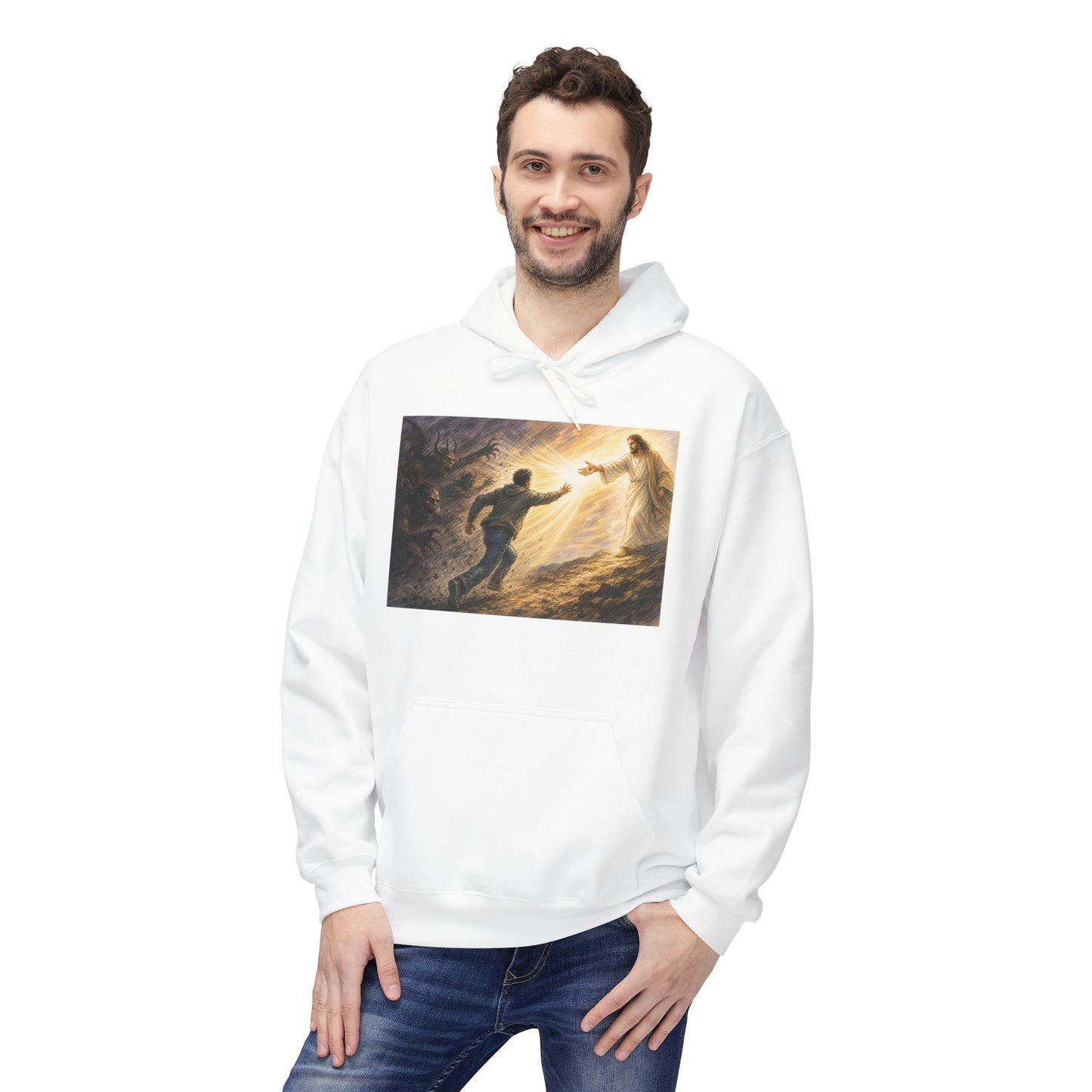 Christian Hoodie — Jesus Reaching Out Design with John 8:12 Verse