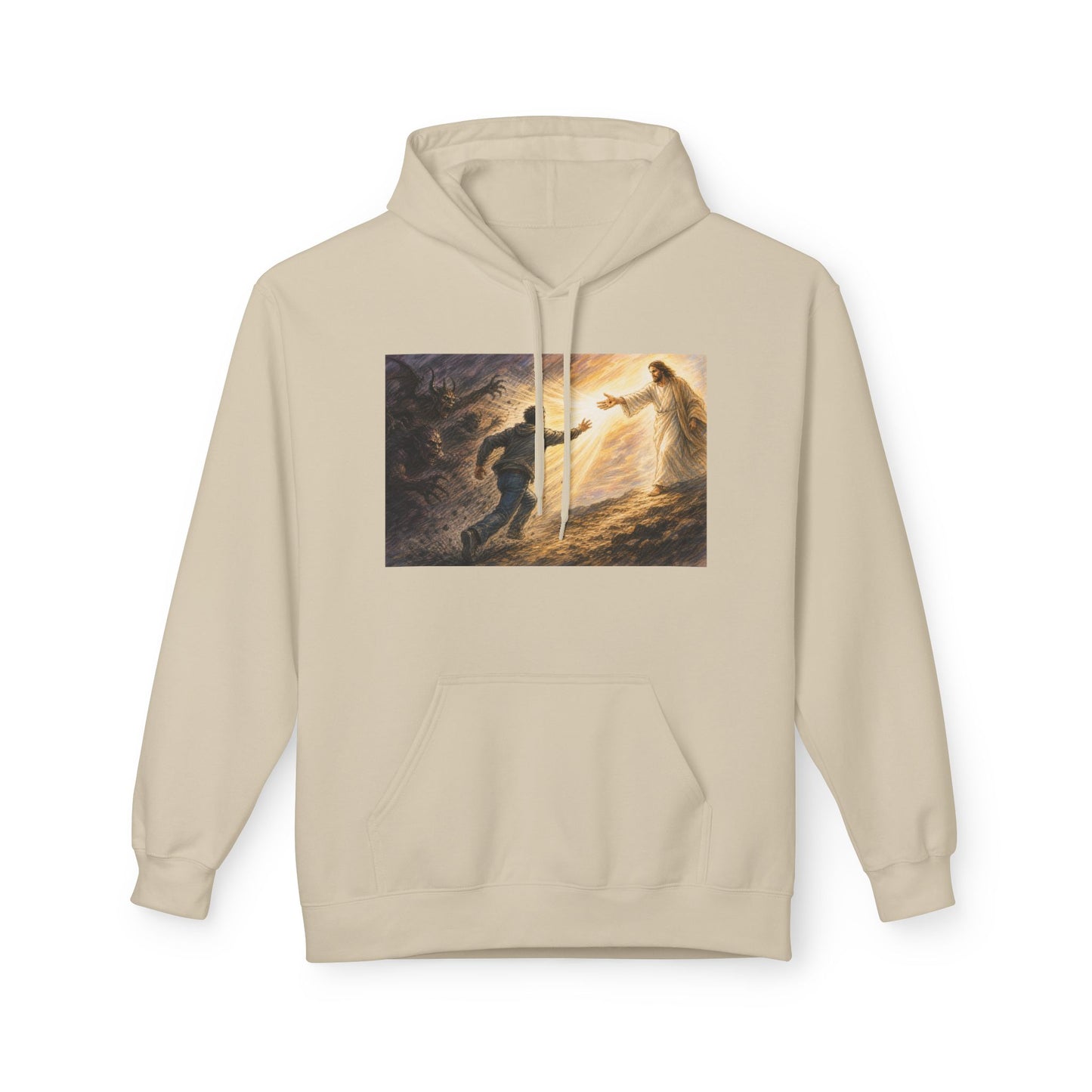 Christian Hoodie — Jesus Reaching Out Design with John 8:12 Verse