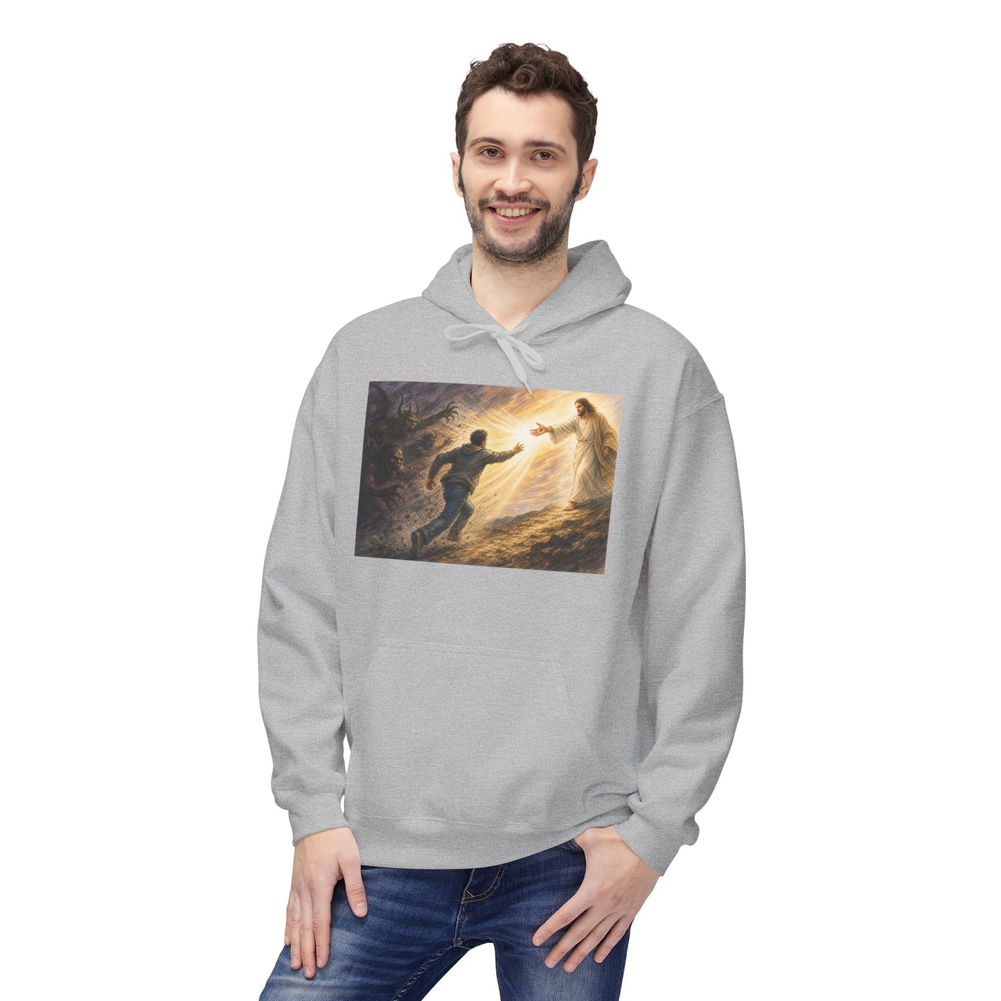 Christian Hoodie — Jesus Reaching Out Design with John 8:12 Verse