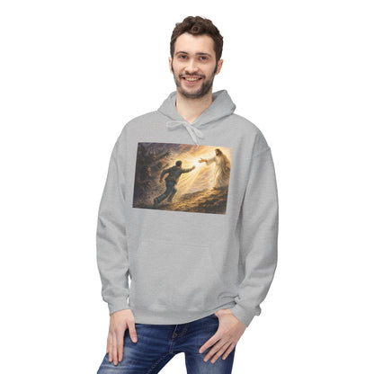 Christian Hoodie — Jesus Reaching Out Design with John 8:12 Verse