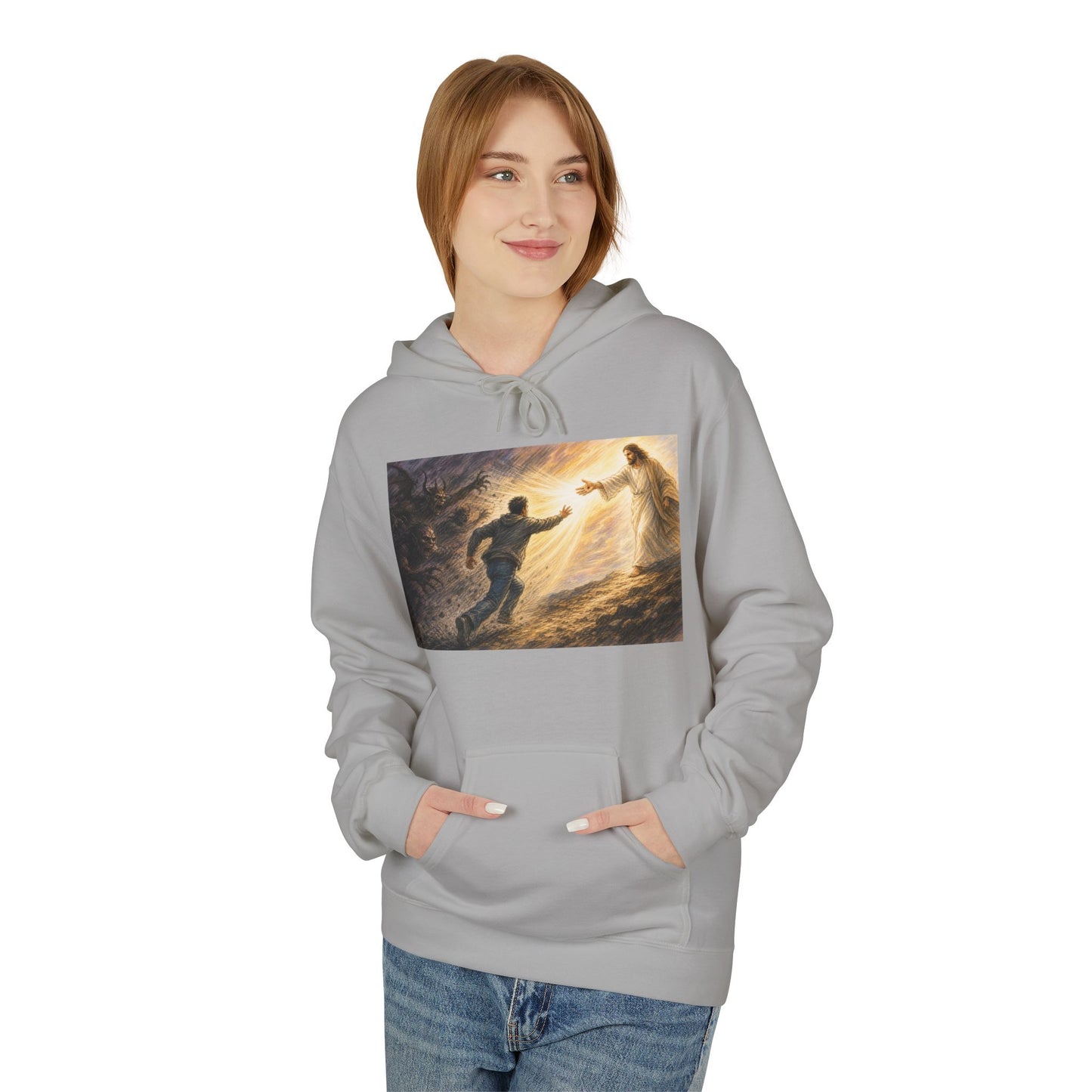 Christian Hoodie — Jesus Reaching Out Design with John 8:12 Verse