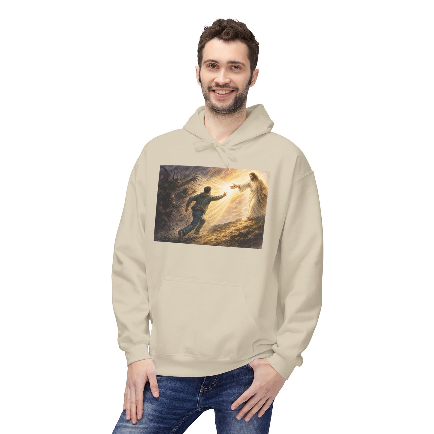 Christian Hoodie — Jesus Reaching Out Design with John 8:12 Verse