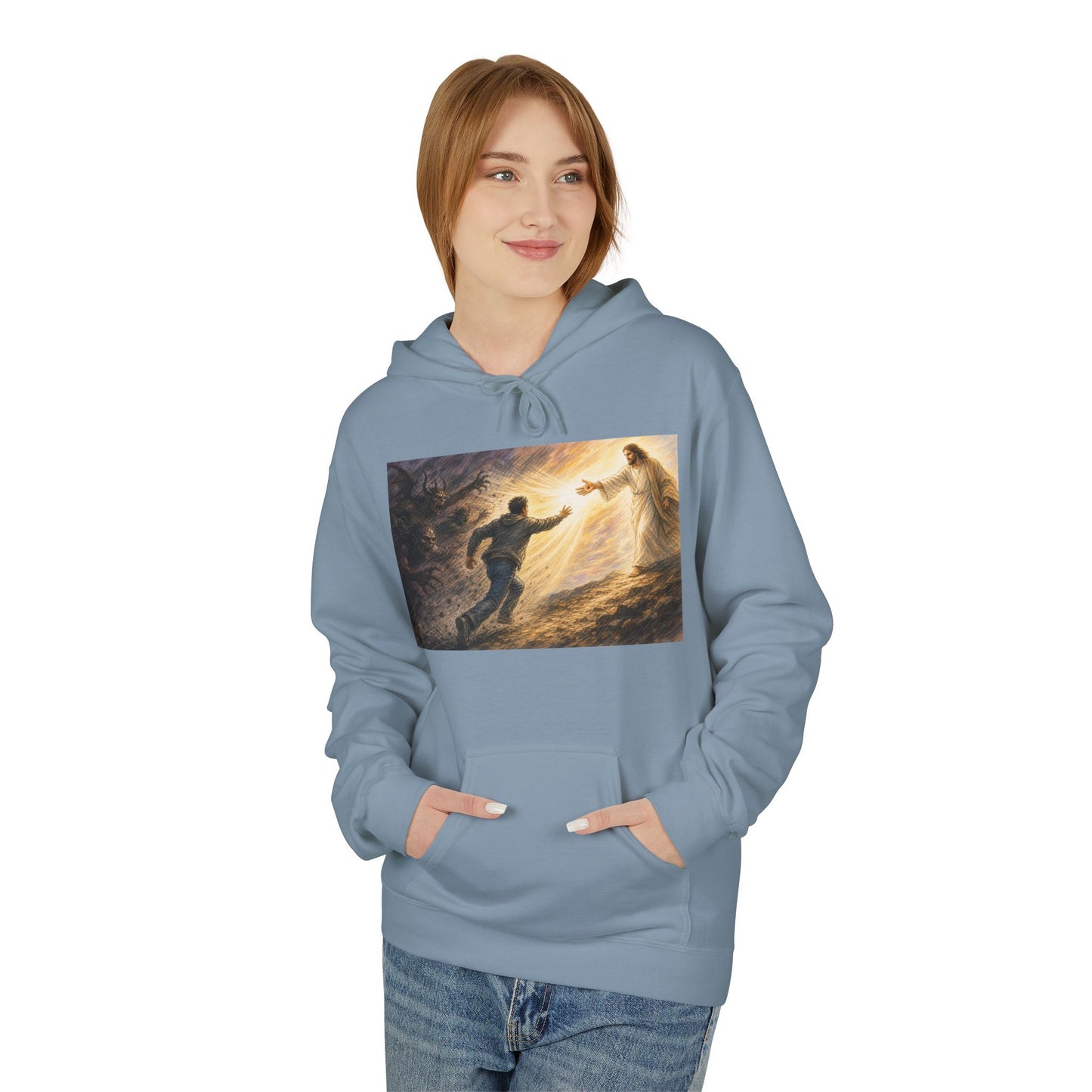Christian Hoodie — Jesus Reaching Out Design with John 8:12 Verse