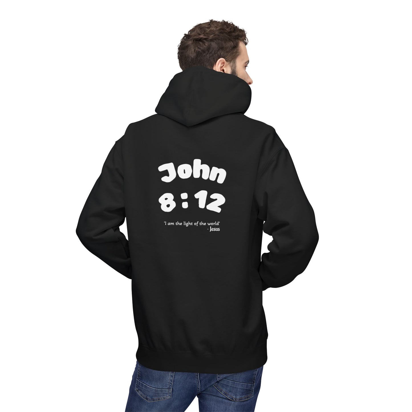 Christian Hoodie — Jesus Reaching Out Design with John 8:12 Verse